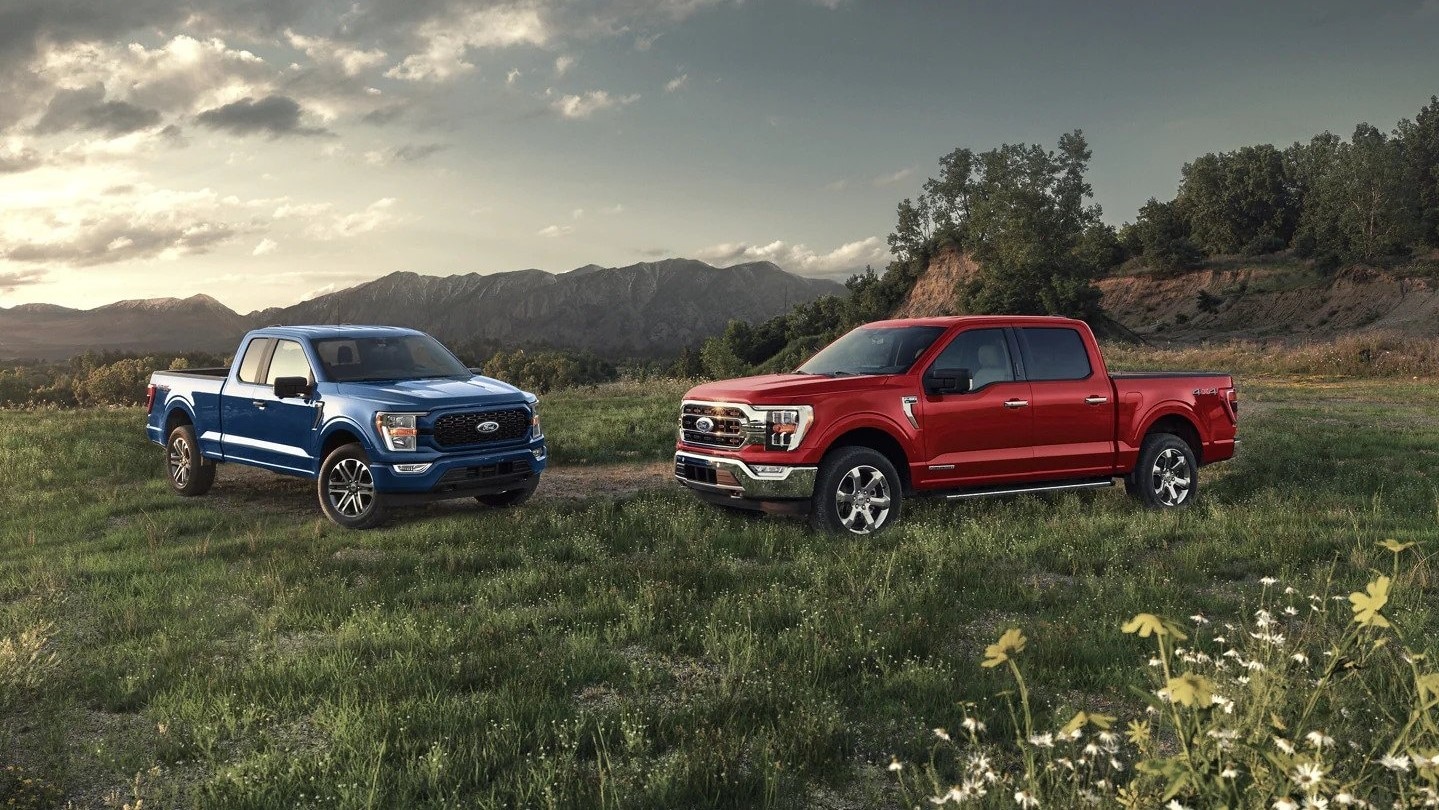 Two F-150 Trucks sitting in a field, one is blue the other is red