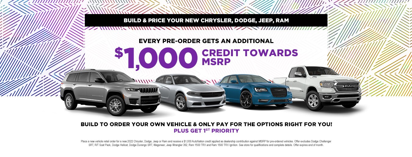 Four CDJR vehicles with text that says start your pre-order