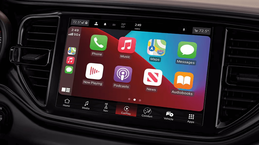 Learn about the technology features of the Dodge Durango Interior shot of the Dodge Durango infotainment touchscreen showing Apple CarPlay®