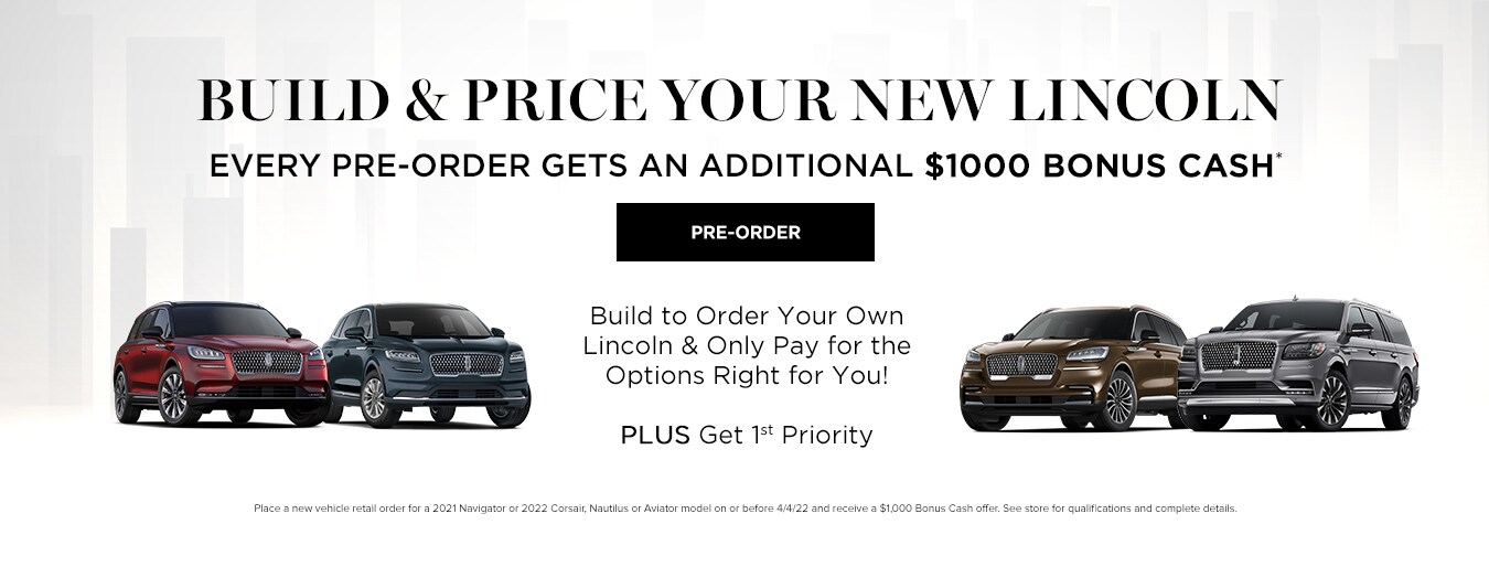Four Lincoln vehicles with text that says start your pre-order
