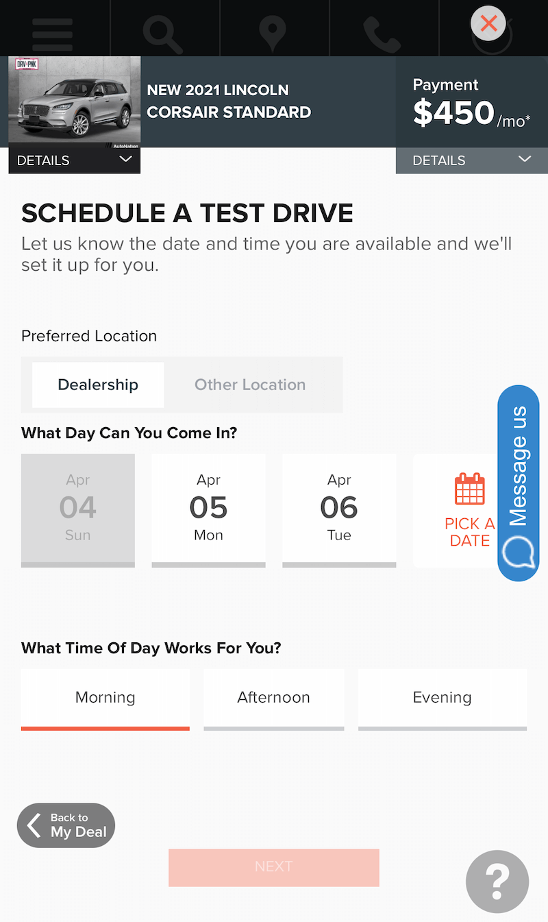 AutoNation Express schedule a test drive screen on a mobile device