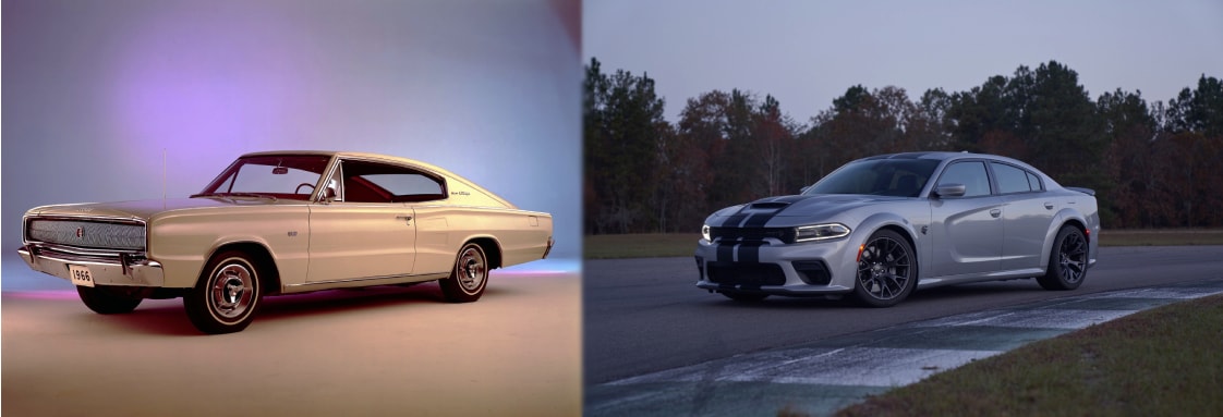 an image showing a 1970 Dodge Charger and a 2023 Dodge Charger