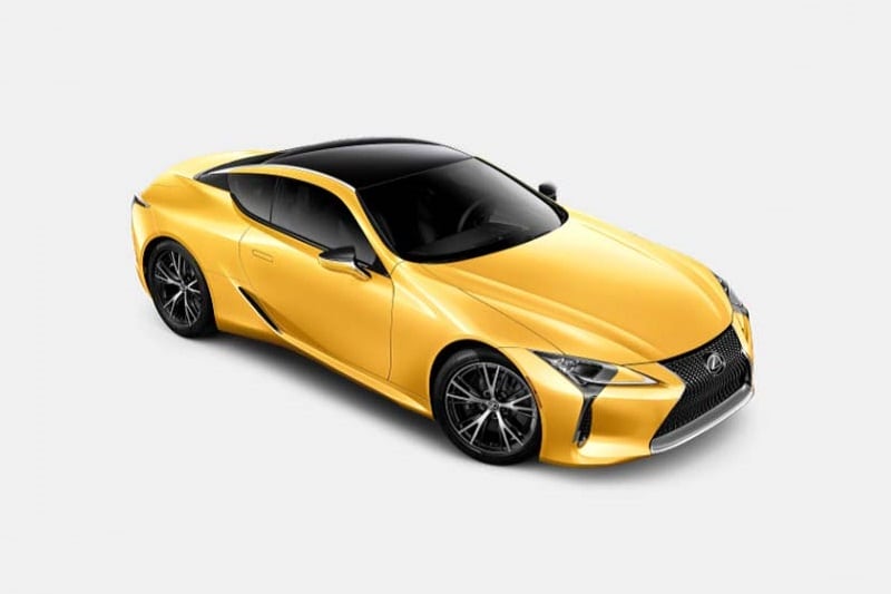 Exterior view of the Lexus LC 500 in Flare Yellow