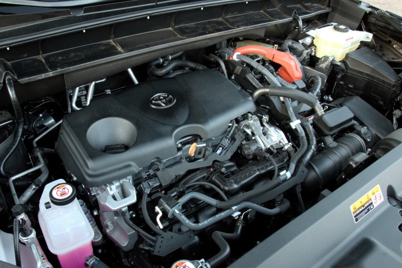 View of the engine block of the 2021 Toyota Highlander Hybrid Limited AWD
