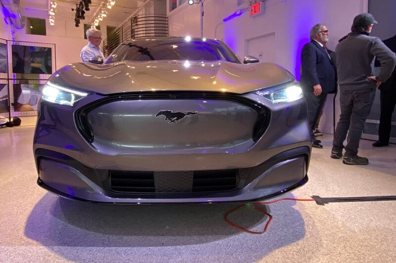 Up front, there’s no traditional grille on the all-electric 2021 Mustang Mach-E