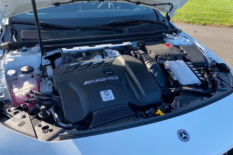 View of the engine block of the 2020 Mercedes-AMG CLA 45