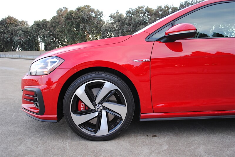 Thanks to the 13.4-inch vented disc brakes up front, the GTI stops on a dime.