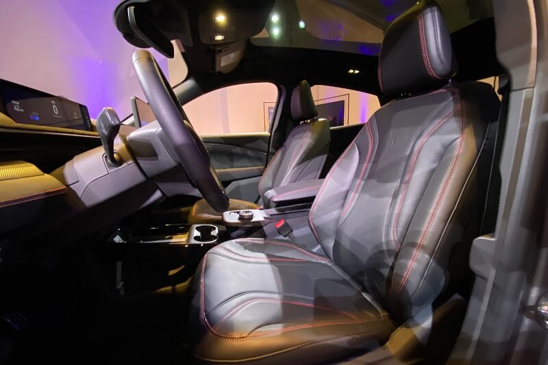 Contrasting stitching is another upscale touch in the cabin of the 2021 Mustang Mach-E.