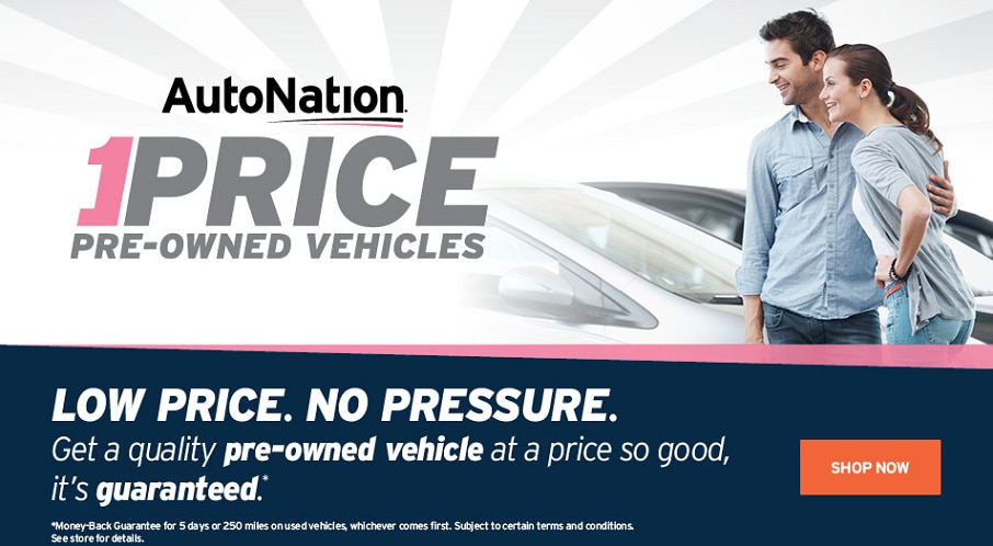 Image that reads AutoNation 1Price Pre-Owned Vehicles, couple looking at a white car