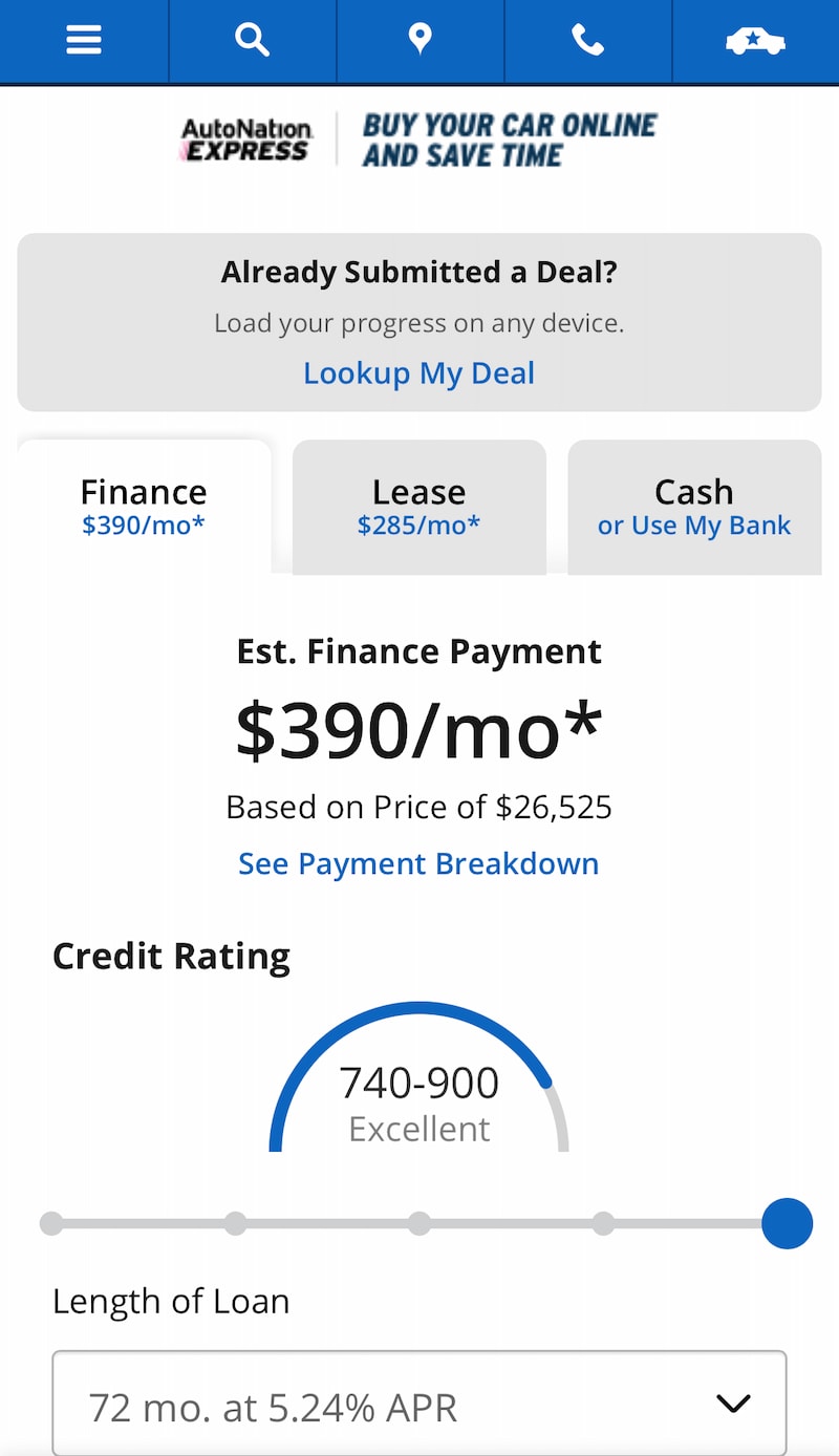 AutoNation Express payment calculator on a mobile device