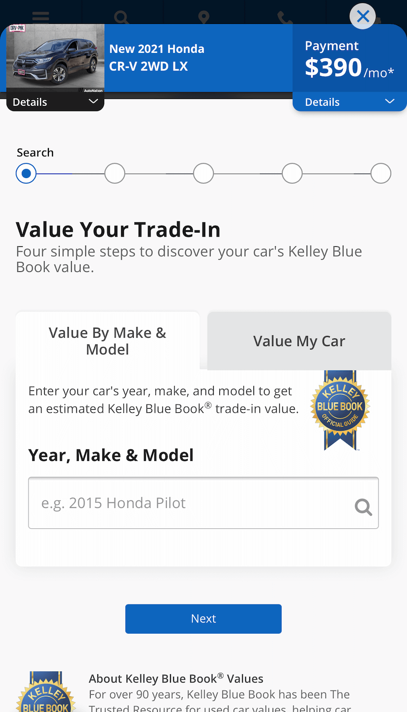 AutoNation Express value your trade-in screen on a mobile device