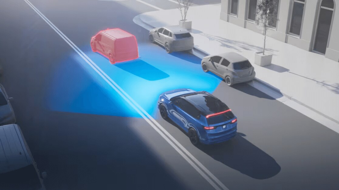 Learn about some of the features of Honda Sensing® safety and driver-assistive technology Rendered image of Collision Mitigation Braking System