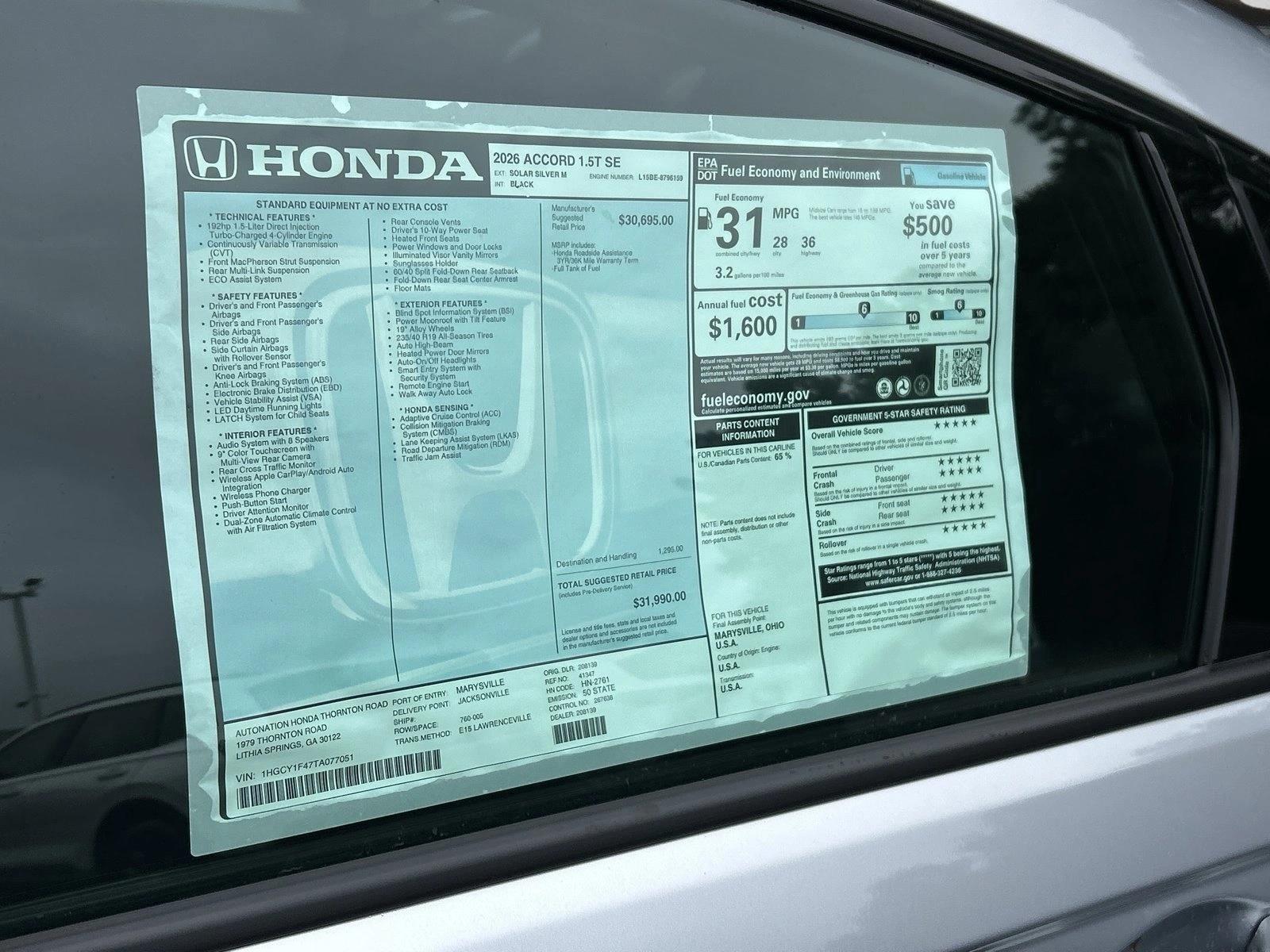 New 2026 Honda Accord SE Sedan