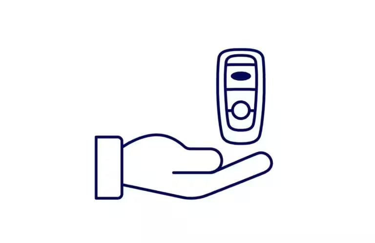 Illustration of a key fob being placed into a hand to symbolize a technician returning a Ford vehicle to the owner, completing the pickup and delivery service