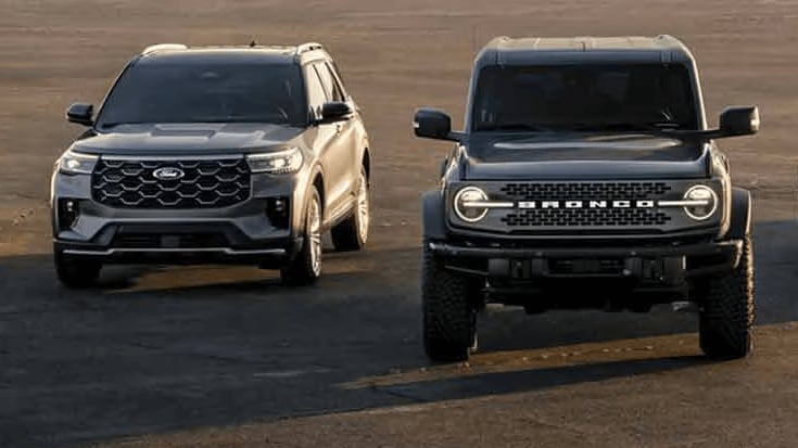 A Ford Escape and Ford Bronco parked side by side in a desert setting
