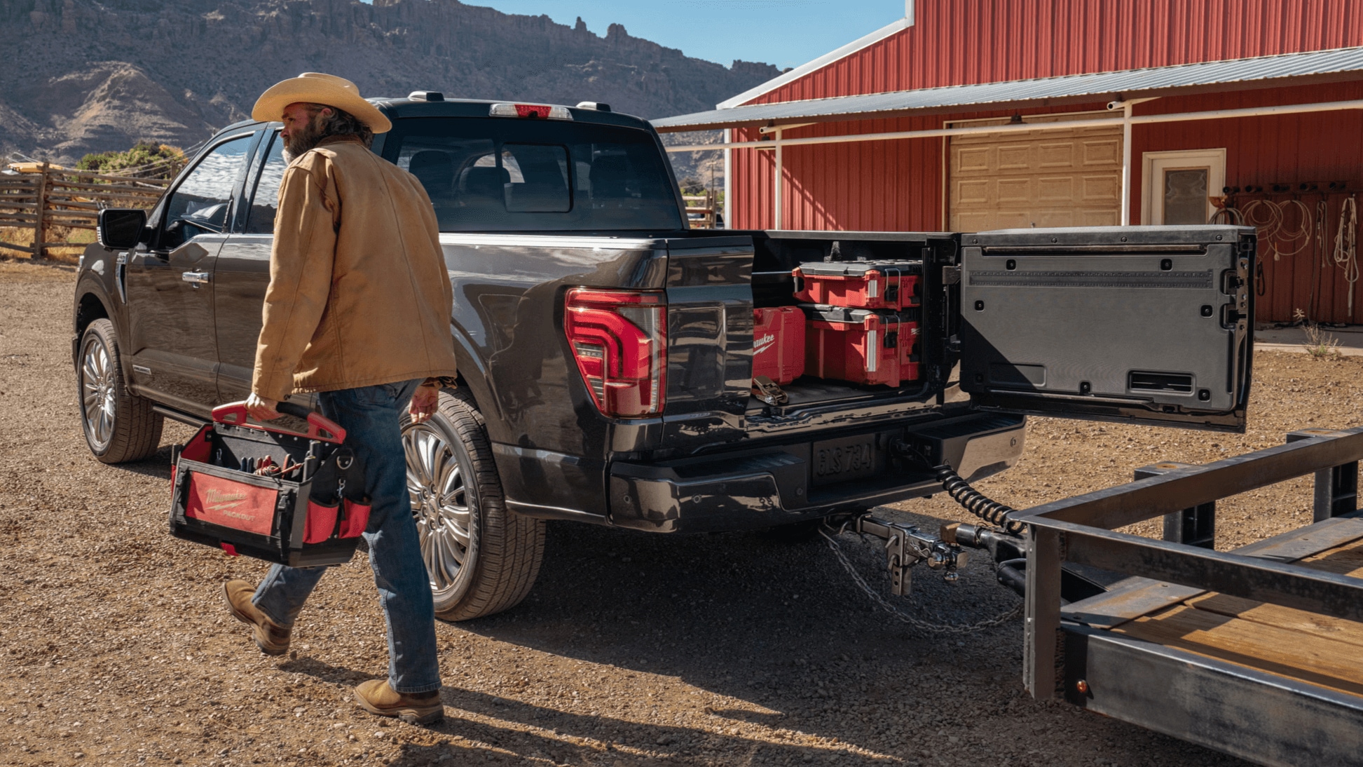 Exterior shot of Ford F-150 showing cargo bed opened