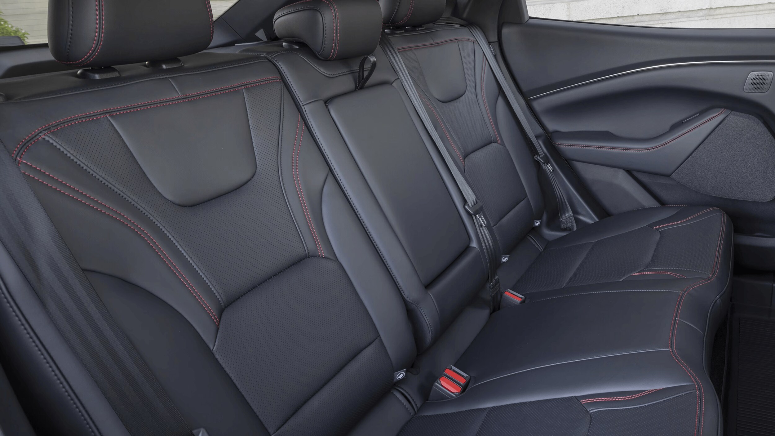 Learn about the interior features of the Ford Mustang Mach-E Internal shot of the rear seats of the Ford Mustang Mach-E