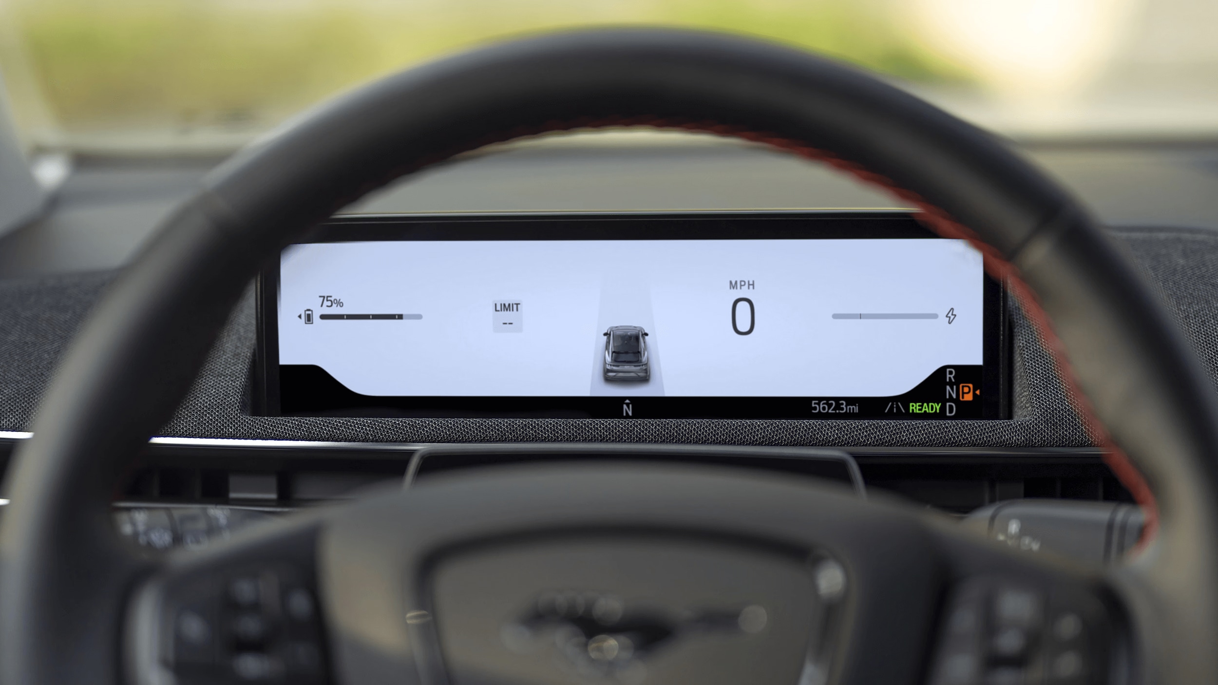 Learn about the performance features of the Ford Mustang Mach-E Internal shot of the digital information display of the Ford Mustang Mach-E, with the current battery level shown on the left side