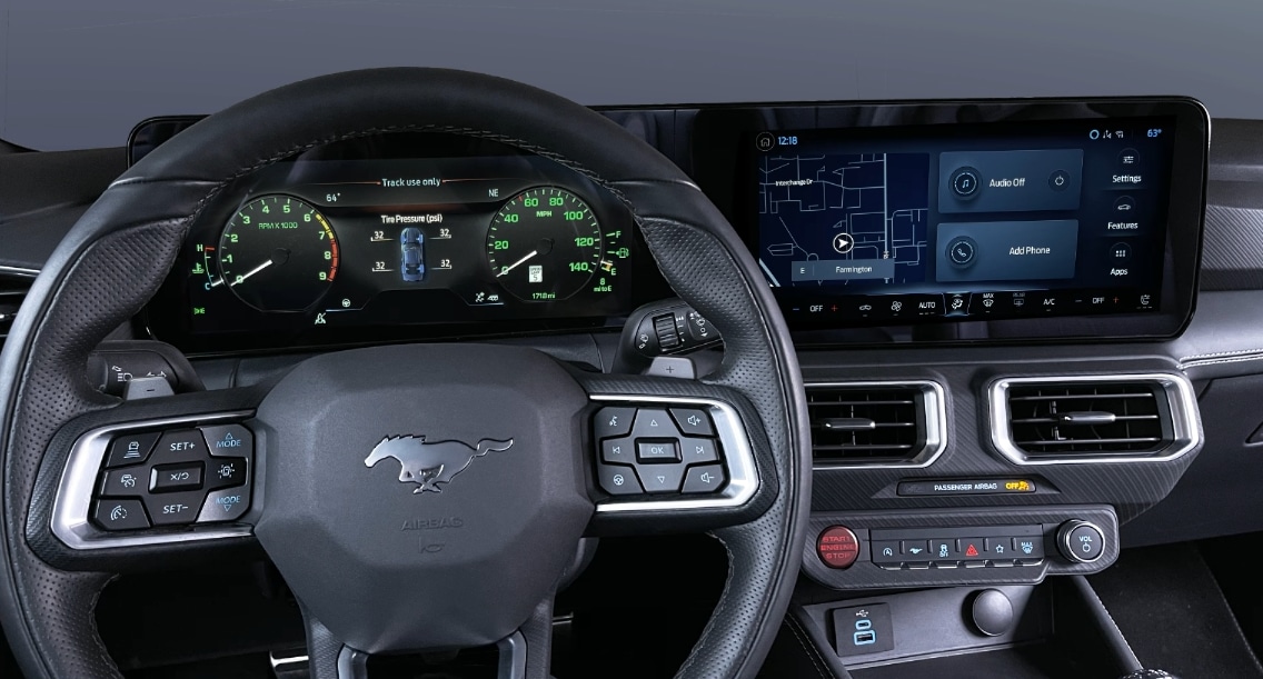 An image of a Ford Mustang interior featuring Ford Paddle Shifters.