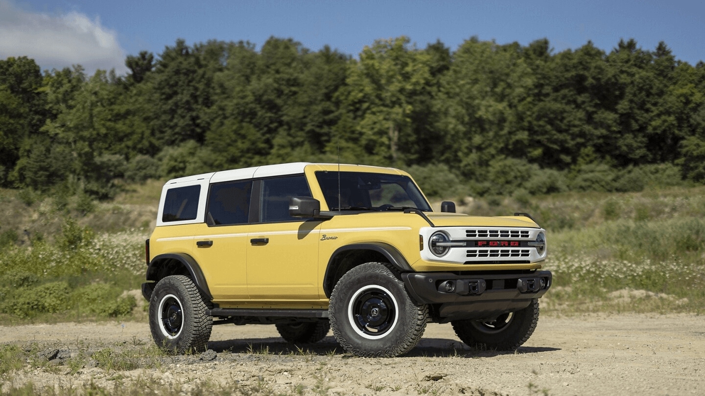 Learn about the 4 door Ford Bronco trim levels like the Heritage Limited Edition Exterior shot of a Yellowstone 4 door Ford Heritage Limted Edition