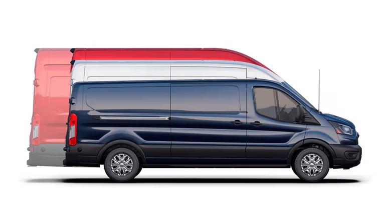 Rendered image showing the roof and length options of the Ford E-Transit Cargo Van