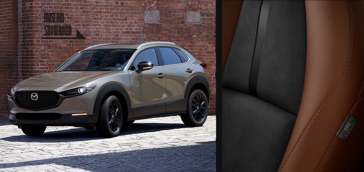 A new Mazda CX-30 2.5 Carbon Edition in Zircon Sand Metallic and a picture of the Terracotta leather inerior that comes with it