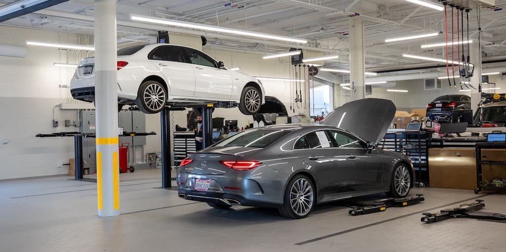 Mercedes-Benz vehicles being serviced