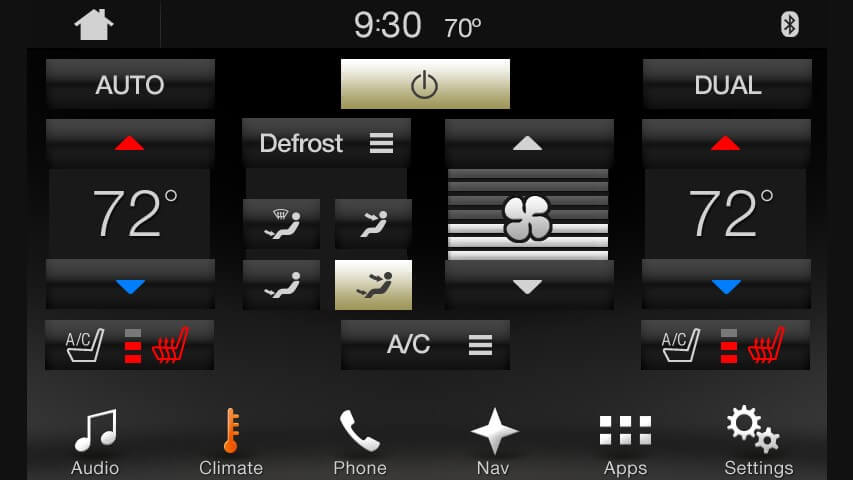Screenshot of climate controls showing the heating and cooling options on the front seats of Ford models