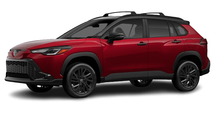 Learn about the 2025 Toyota Corolla Cross exterior color options 2025 Toyota Corolla Cross in Soul Red Crystal with Jet Black roof