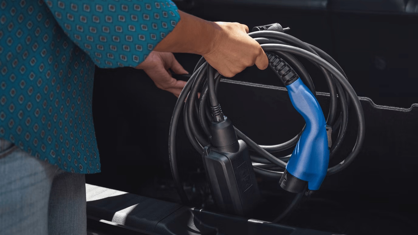 Close-up shot of the charging cable for the Toyota Prius Plug-In Hybrid