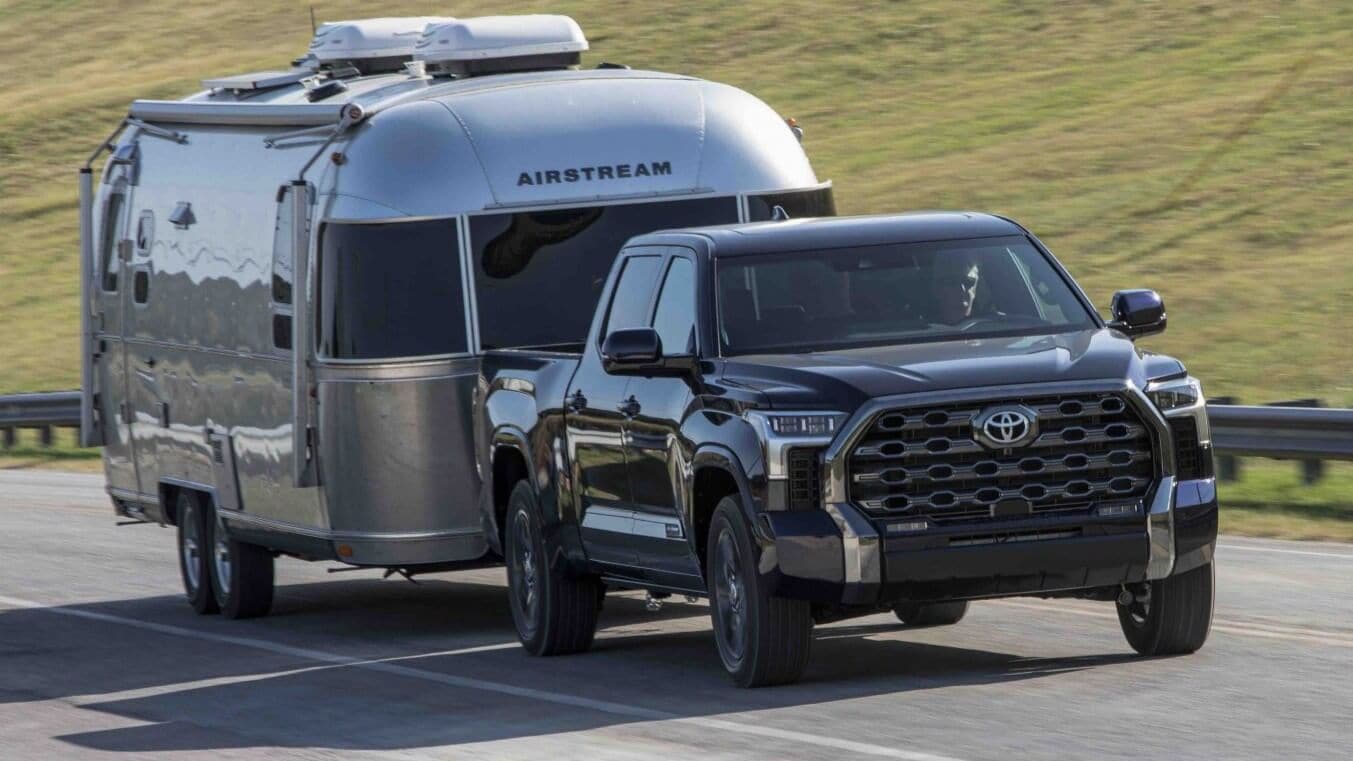 Toyota Tundra towing an RV camper trailer