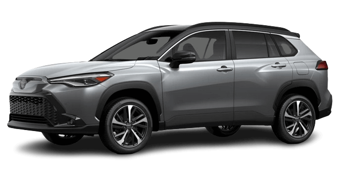 Learn about the 2025 Toyota Corolla Cross exterior color options 2025 Toyota Corolla Cross in Sonic Silver with Jet Black roof