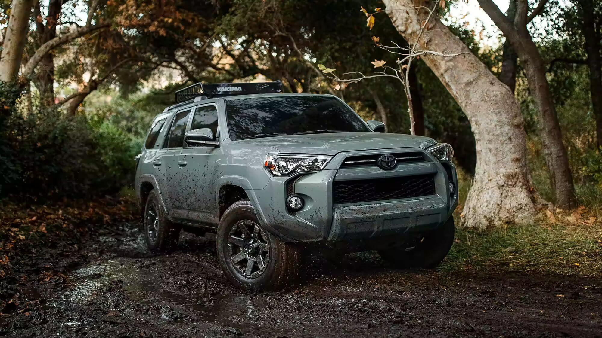 Learn about Toyota's vehicles that can have all-wheel drive 4Runner driving through a mud-filled road through a forest scenery.