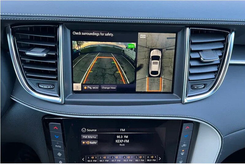 Interior of car showing blind spot monitor