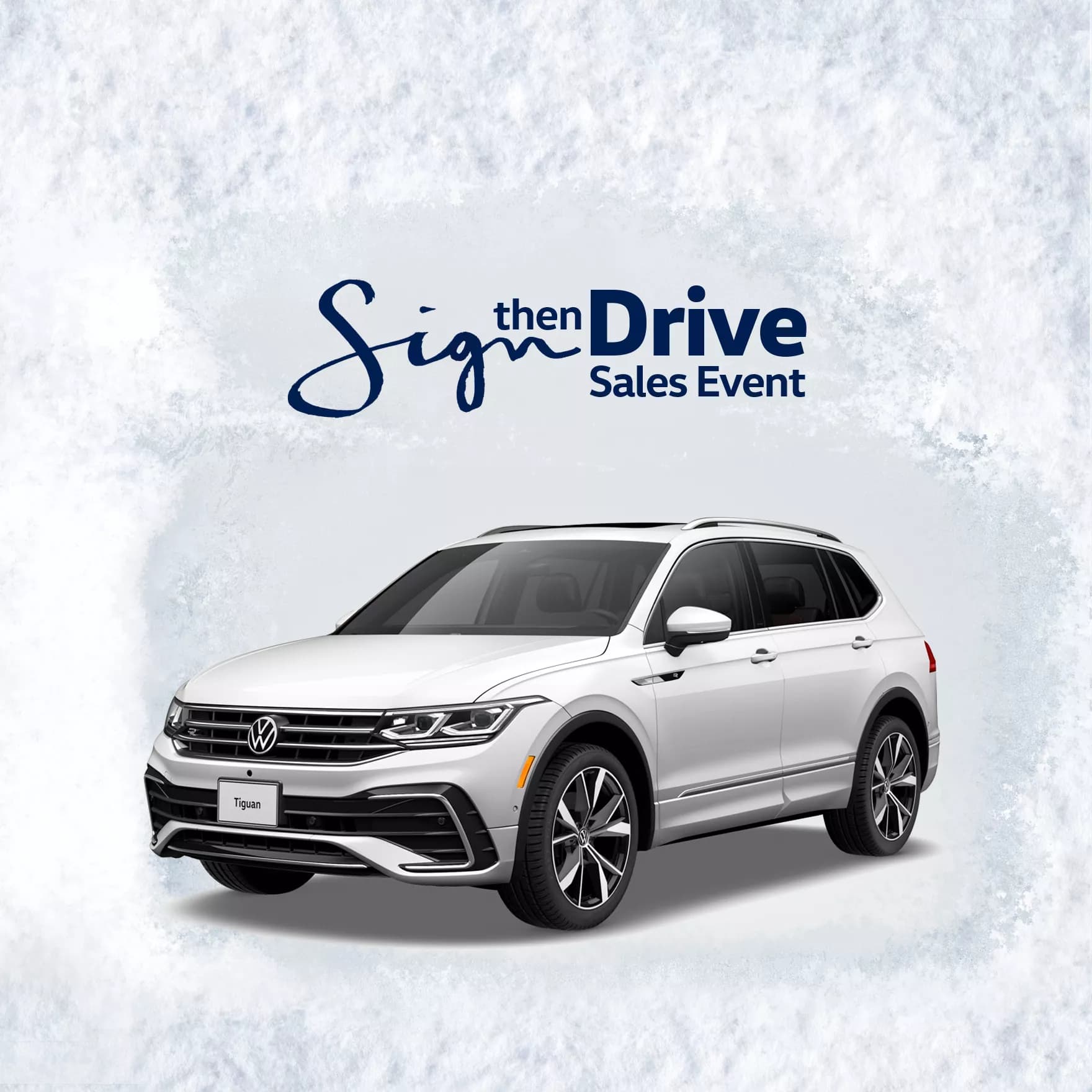VW Sign then Drive banner with a white VW Tiguan