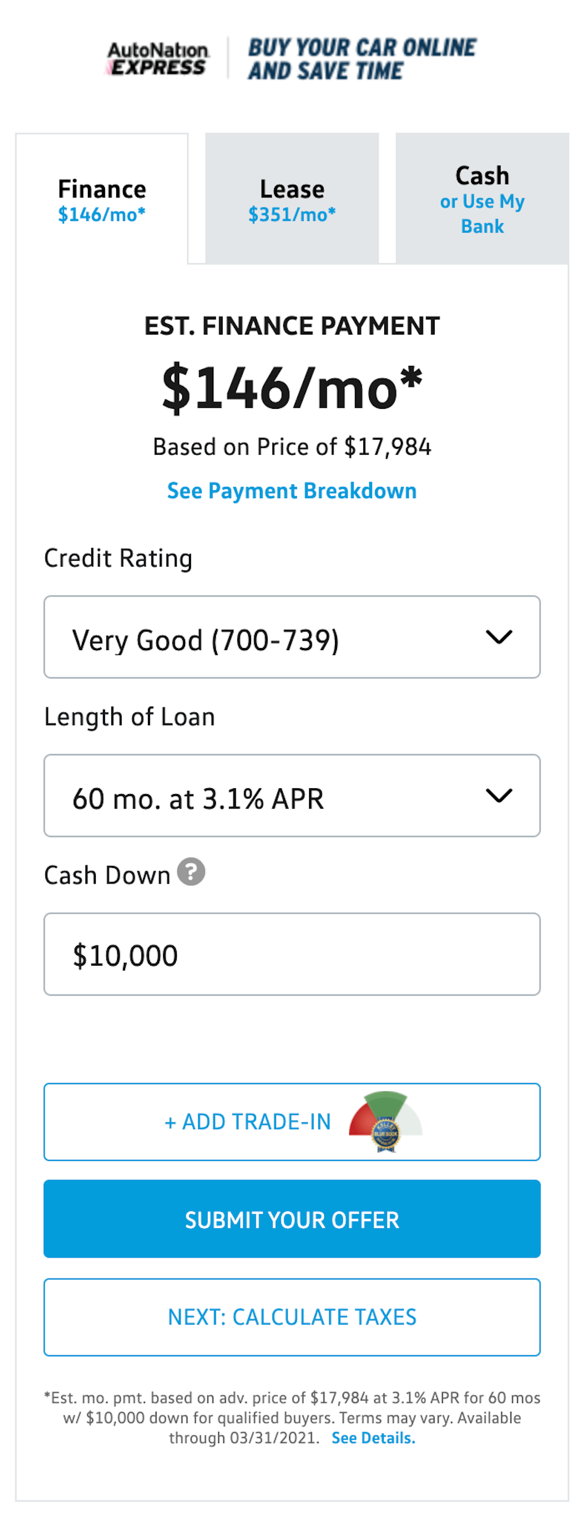 AutoNation Express payment calculator tool