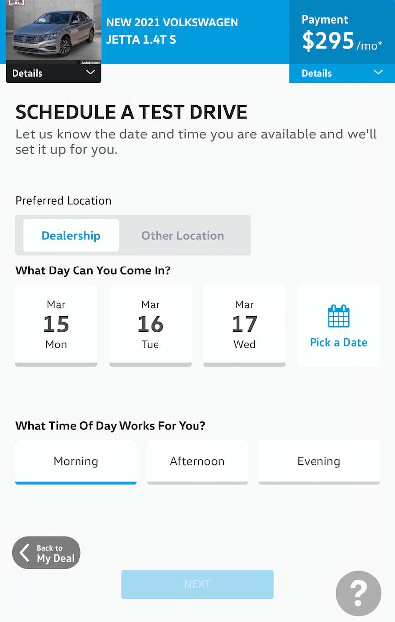 AutoNation Express schedule a test drive screen on a mobile device