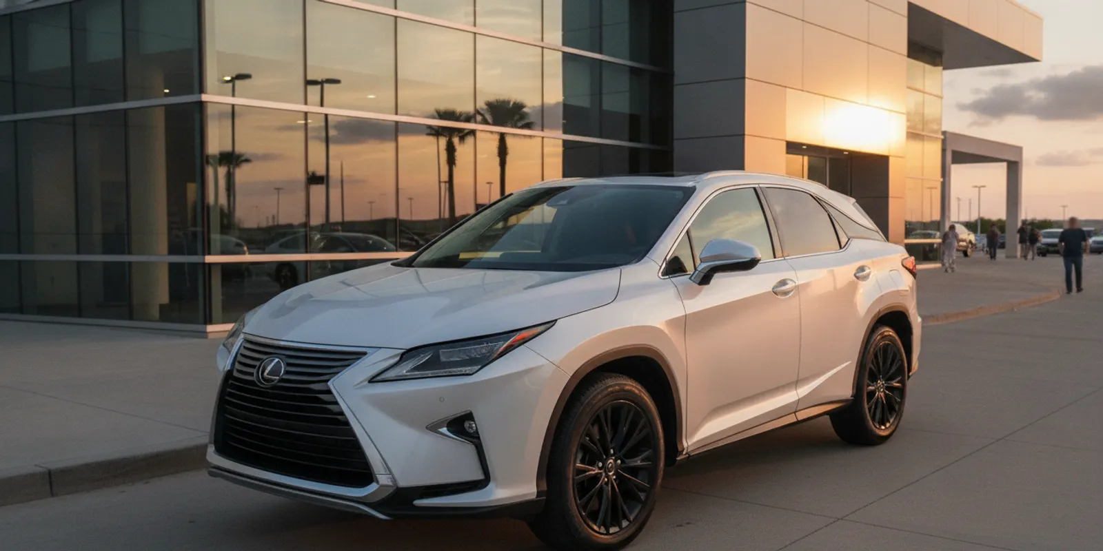 Lexus RX 350 F Sport parked outside a modern Plano dealership