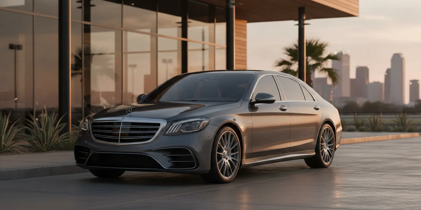 Pre-owned Mercedes-AMG S 63 sedan parked outside a modern Dallas-area showroom