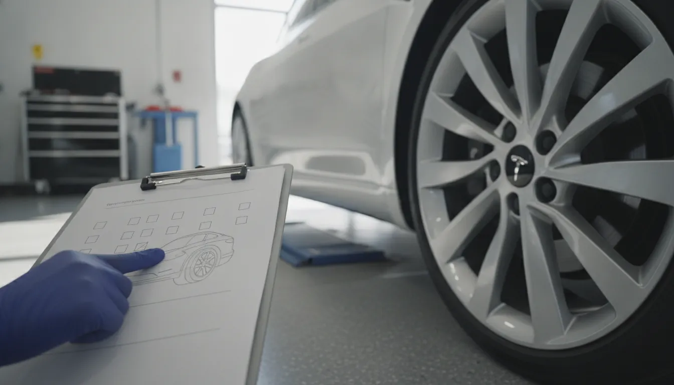 Front suspension symptom check sheet for a Tesla in Richardson, Texas