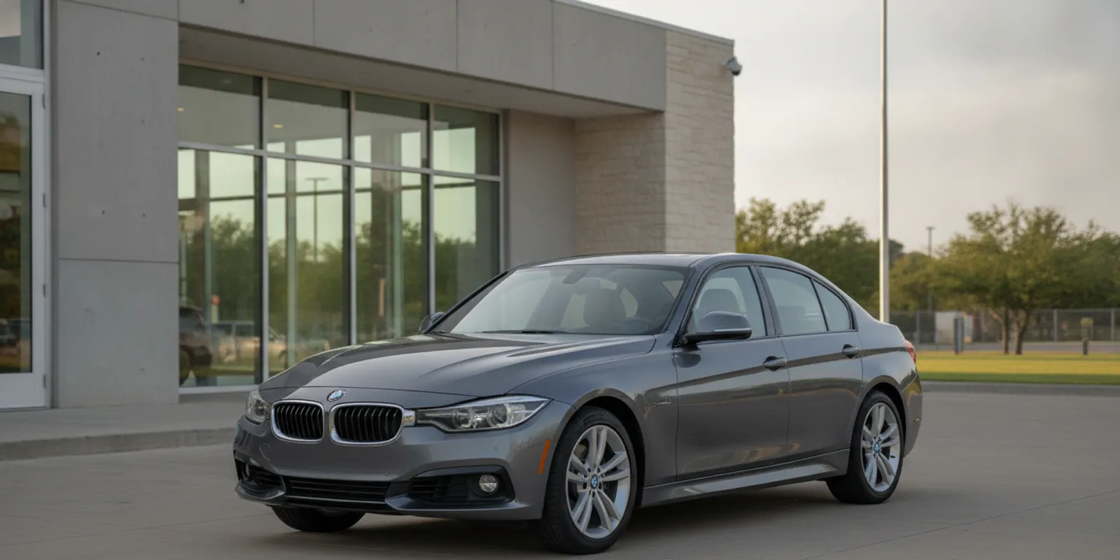 Pre-owned BMW 330e sedan parked outside a modern Plano showroom