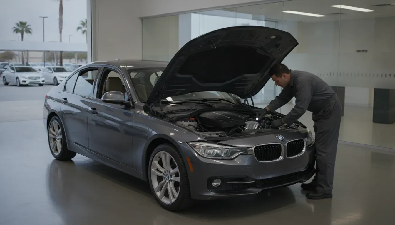 Technician inspecting a pre-owned BMW 328i engine bay during a used-car evaluation