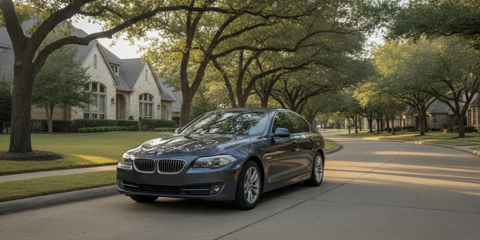 Pre-owned BMW 5 Series sedan parked outside in a clean, modern setting
