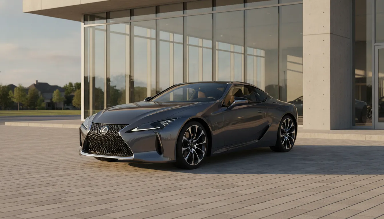 Gray Lexus LC 500 coupe parked outside a modern Plano dealership