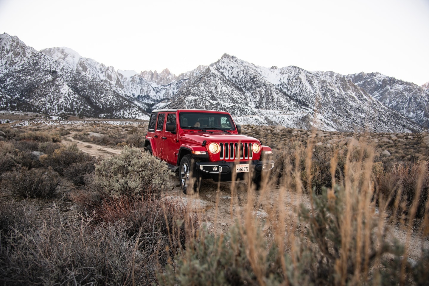  red Jeep parked in a field backed by a mountain