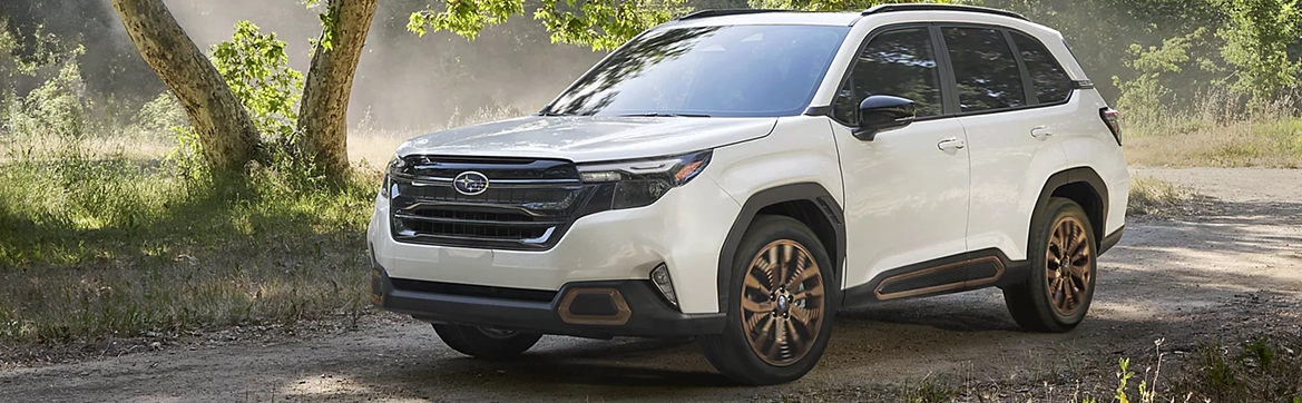 A white Subaru Forester driving on a dusty dirt road beneath oak trees