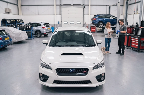 A white Subaru WRX STI facing the camera in the Baldwin Subaru workshop while a customer and her dog talk with a service advisor