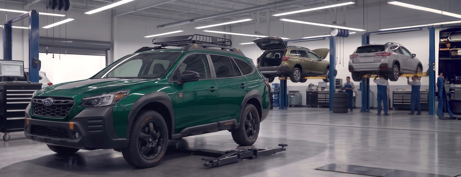 A green Subaru Outback Wilderness standing in the Baldwin Subaru workshop with an Outback and a Crosstrek raised on lifts behind it while technicians work