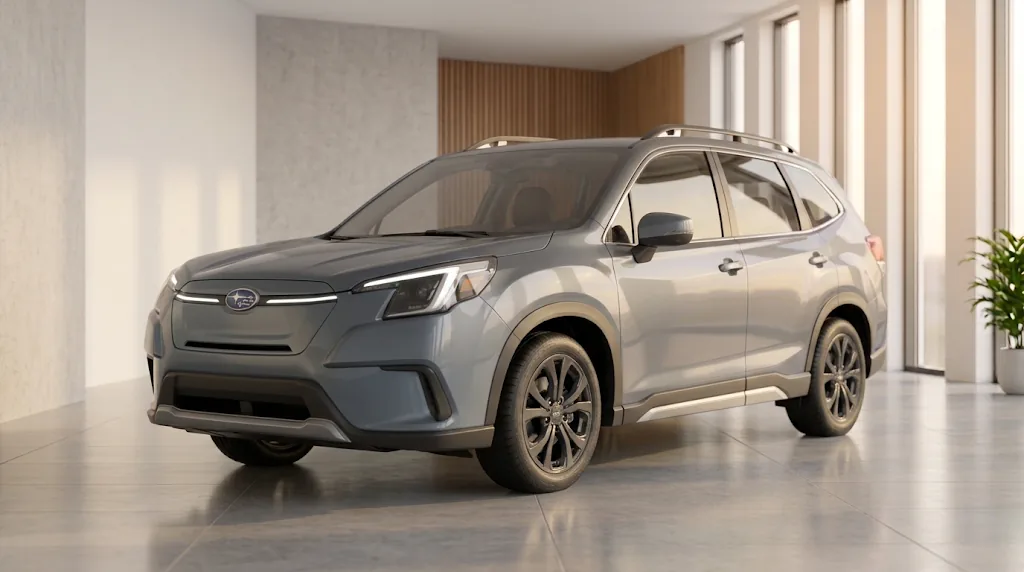 A silver Subaru hybrid SUV in a bright showroom