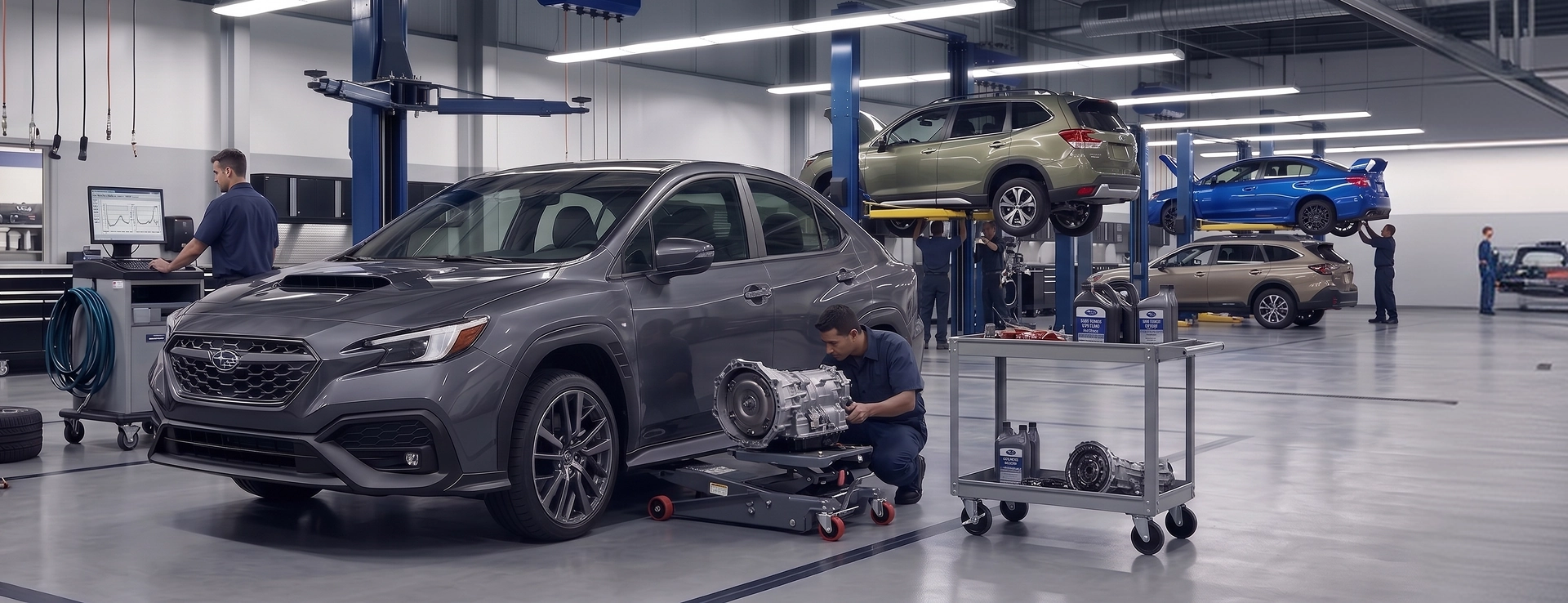 A gray Subaru WRX in the Baldwin Subaru service bay with its CVT transmission lowered onto a jack while a technician guides it into place, Subaru CVT fluid standing on the cart beside him